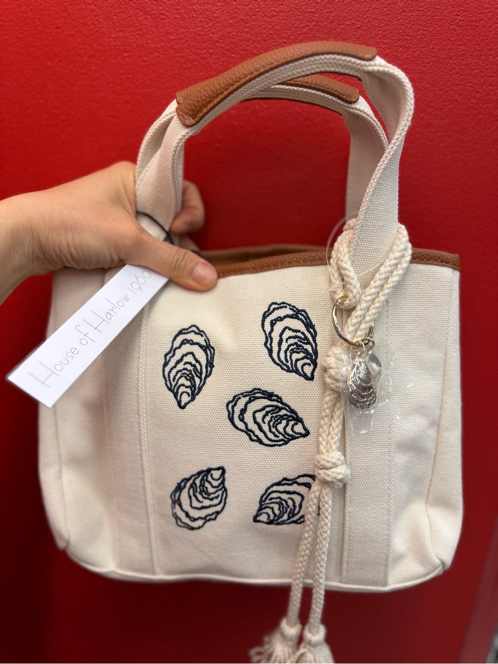 House of Harlow 1960 Beige Canvas Tote with Navy Shell Embroidery